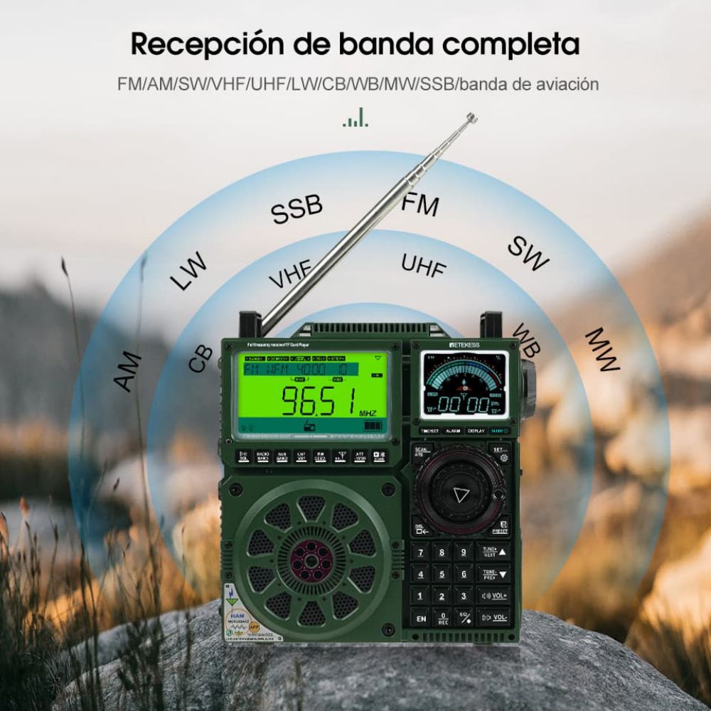 Retekess TR113 FM/AM/SW/VHF/UHF/LW/CB/WB/AIR DSP Pantalla Digital Radio de Banda Completa