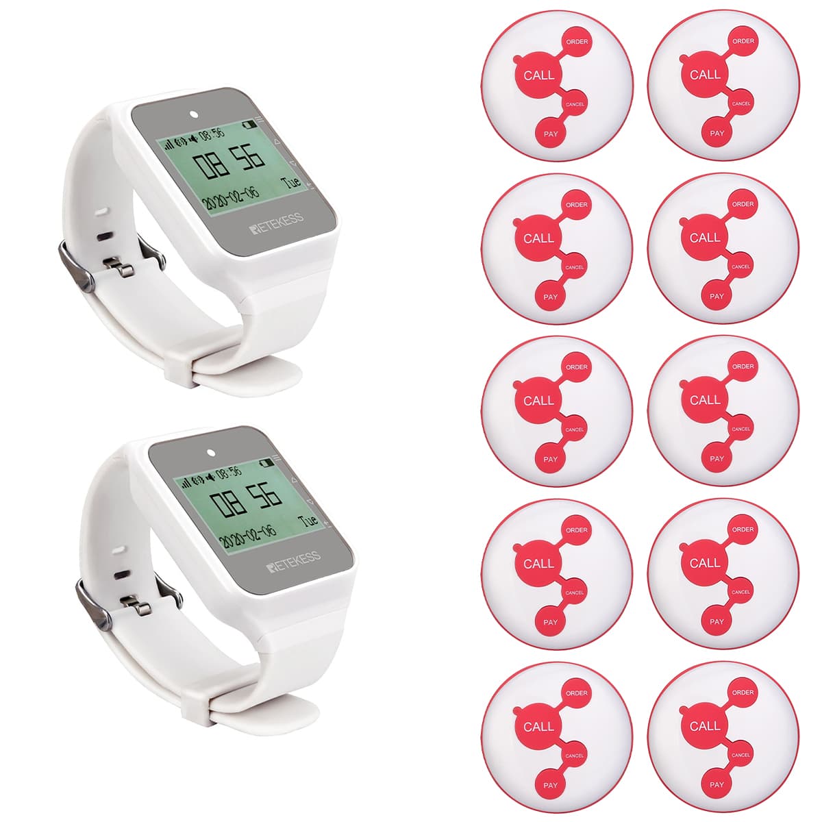 Retekess Sistema de Llamada de Camarero Inalámbrico TD108 Reloj Receptor y TD010 Pulsador de Llamada de Servicio Blanco para Restaurantes