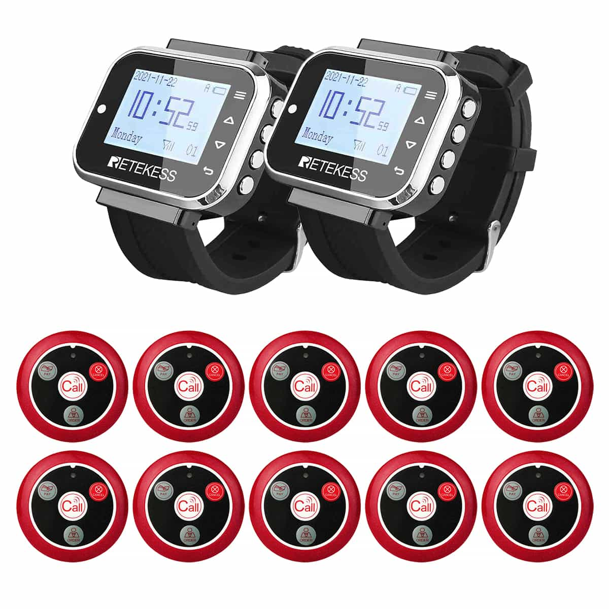 Retekess Sistema de buscapersonas para camareros para restaurante con relojes TD110 Botones de llamada T117