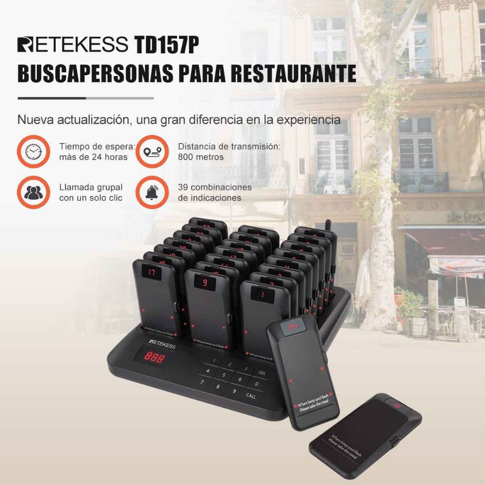 Retekess TD157P Sistema de Buscapersonas para Restaurantes con 24 Buscapersonas de Alimentos con Alerta de Fuera de Alcance