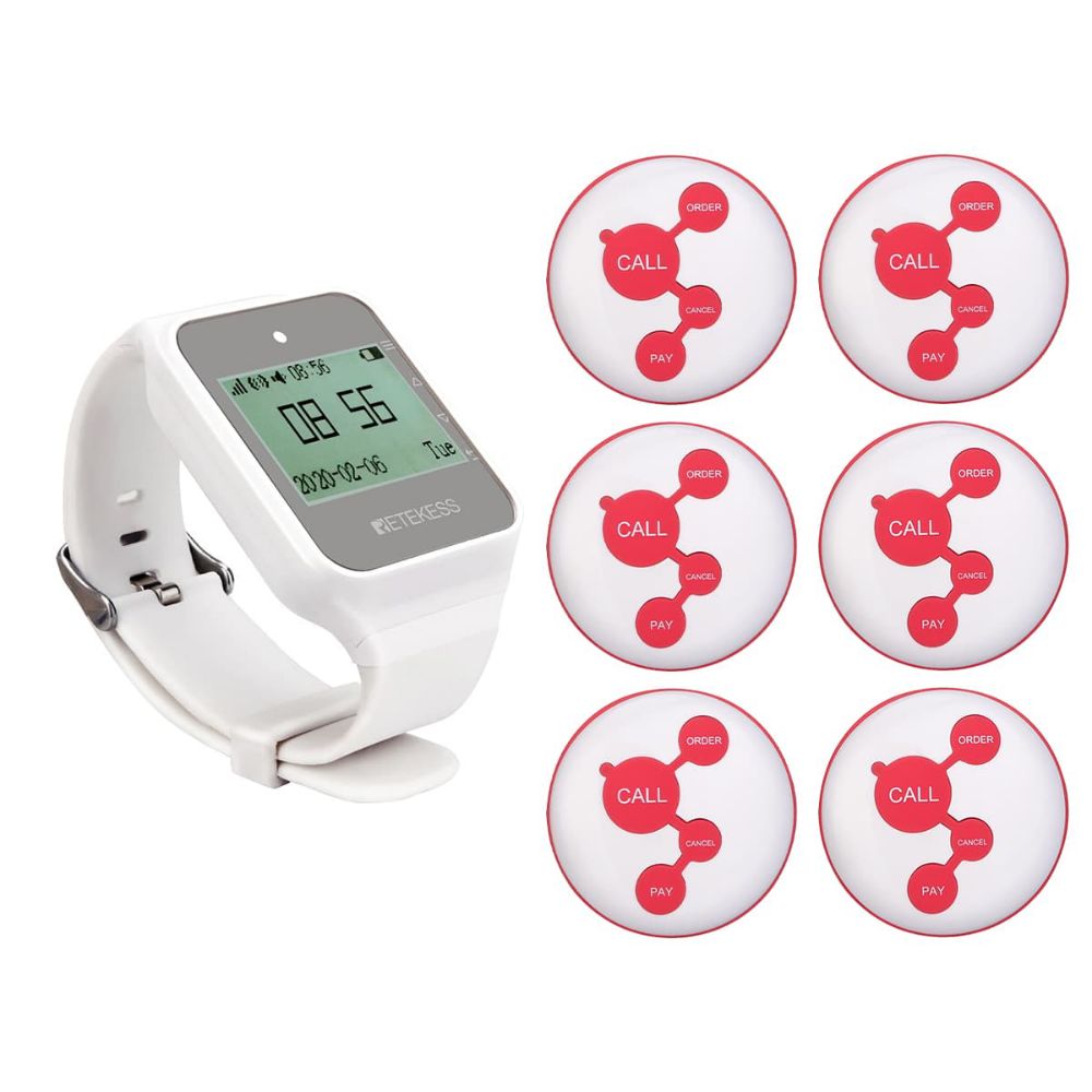 Retekess TD108 Receptor Inalámbrico Smartwatch con TD010 Botón de Llamada Inalámbrico Blanco de 4 Teclas
