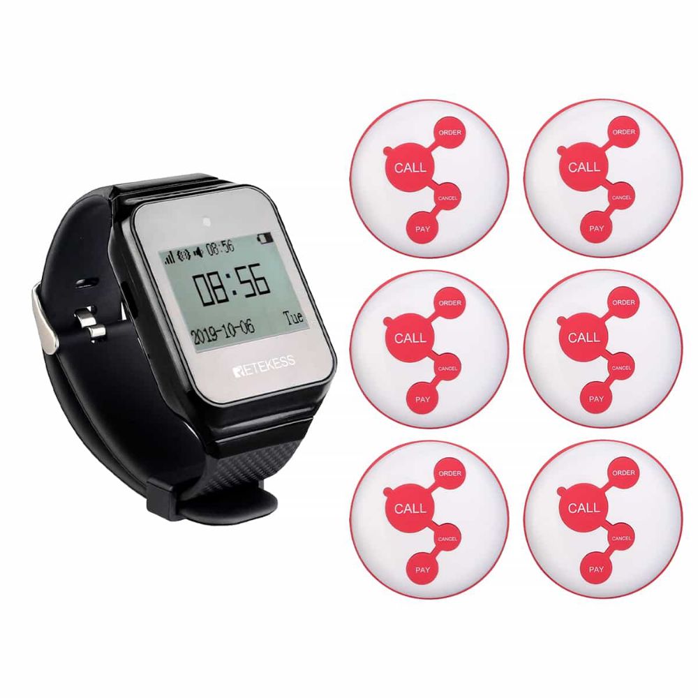 Retekess TD108 Receptor Inalámbrico Smartwatch con TD010 Botón de Llamada Inalámbrico Blanco de 4 Teclas
