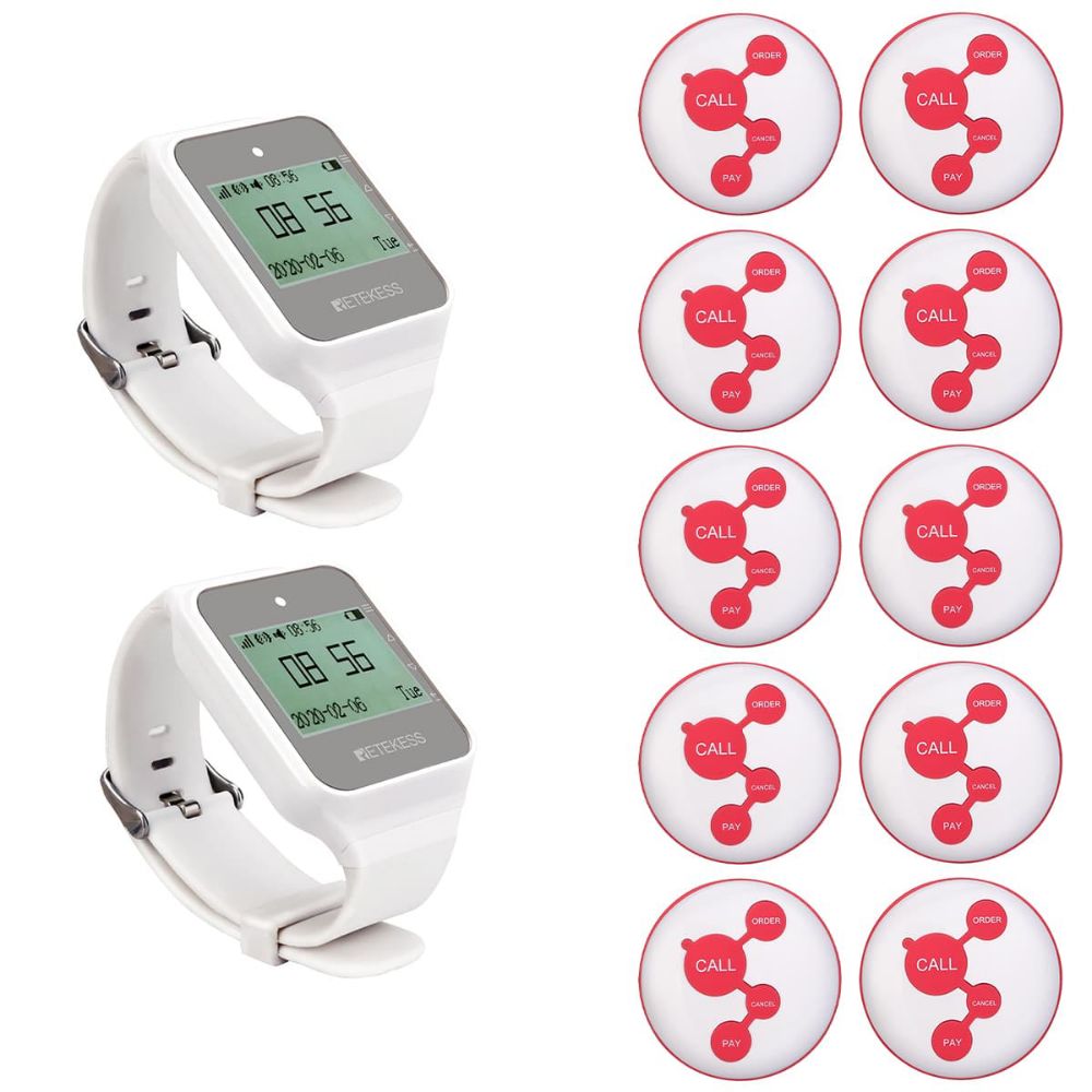 Retekess Sistema de Llamada de Camarero Inalámbrico TD108 Reloj Receptor y TD010 Pulsador de Llamada de Servicio Blanco para Restaurantes