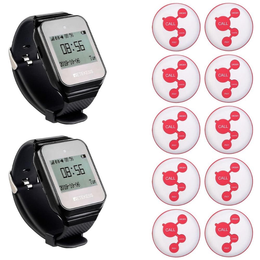 Retekess Sistema de Llamada de Camarero Inalámbrico TD108 Reloj Receptor y TD010 Pulsador de Llamada de Servicio Blanco para Restaurantes